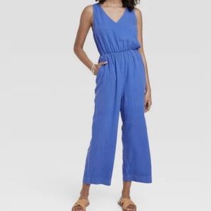 Universal Thread linen blend Cut Out Back Blue Jean Inspired Jumpsuit
